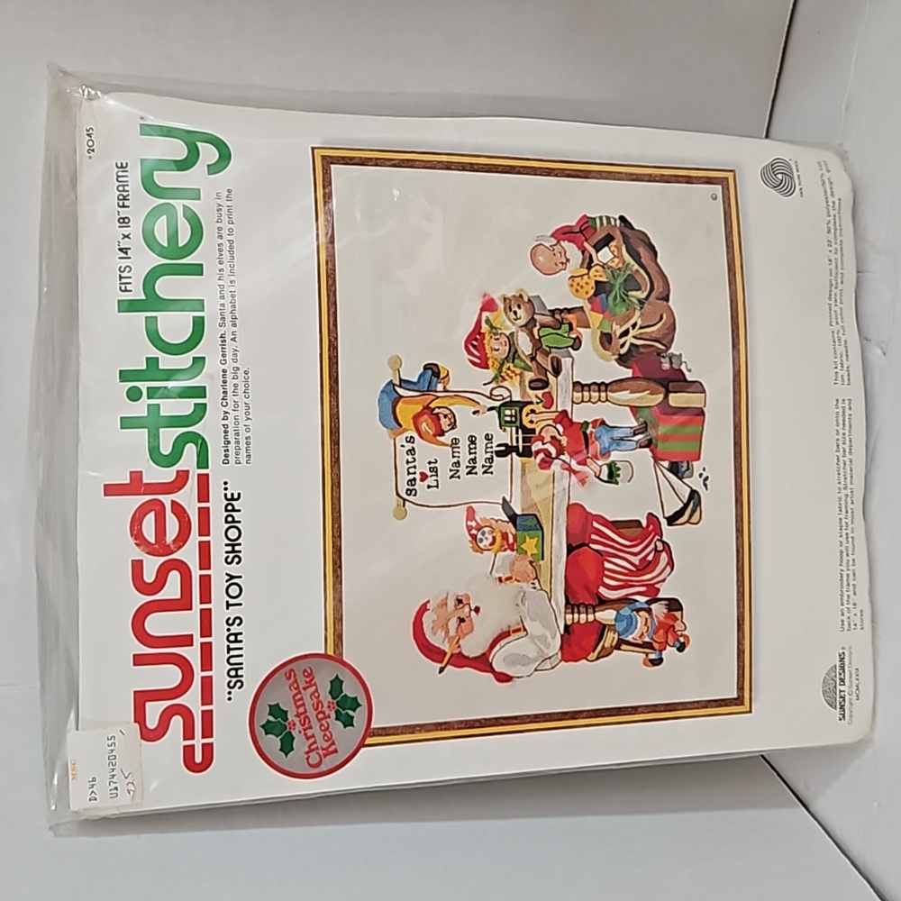 Vintage Sunset Stitchery Santas Toy Shop 1979 Sealed pkg Embroidery kit
